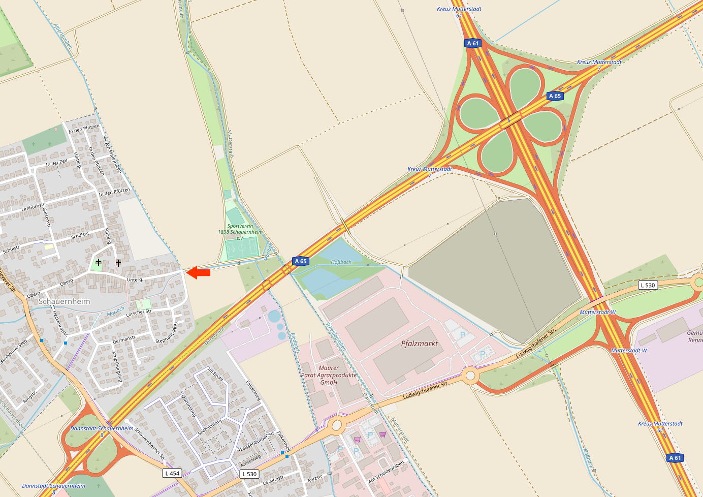 Kartenausschnitt Schauernheim mit BAB Ausfahrt und Autobahnkreuz